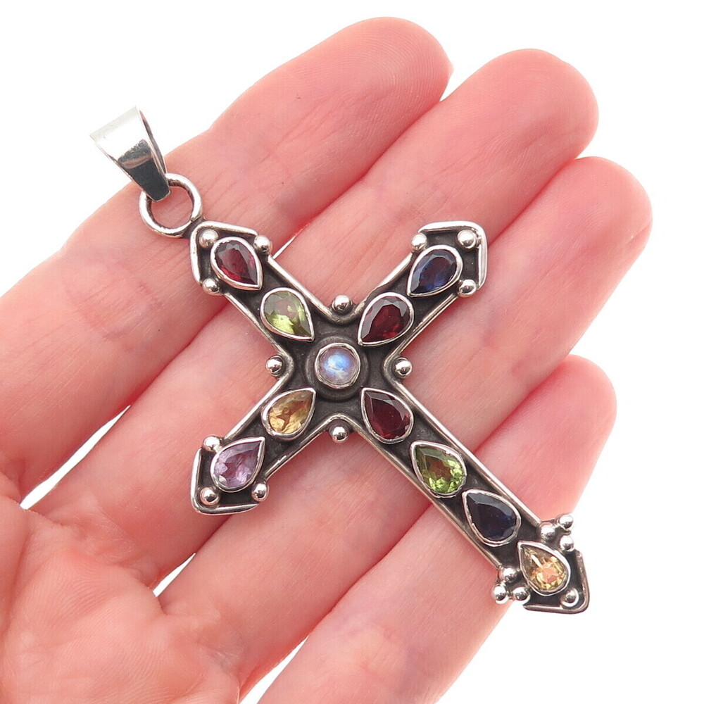 Sterling Vintage Amethyst Iolite Peridot Garnet Citrine Moonstone Cross Pendant
